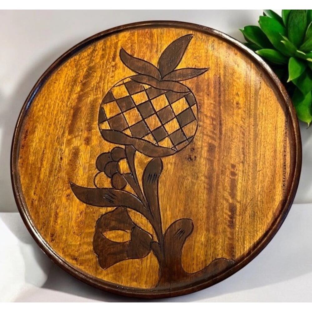 VINTAGE Haitian Folk Art Hand Carved Wood Tray Plate Pineapple Hand 14” 3010-28